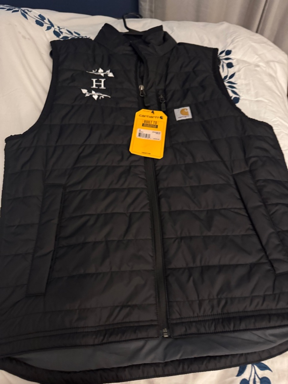 Carhartt Black Quilted Zip Vest with White Embroidered H